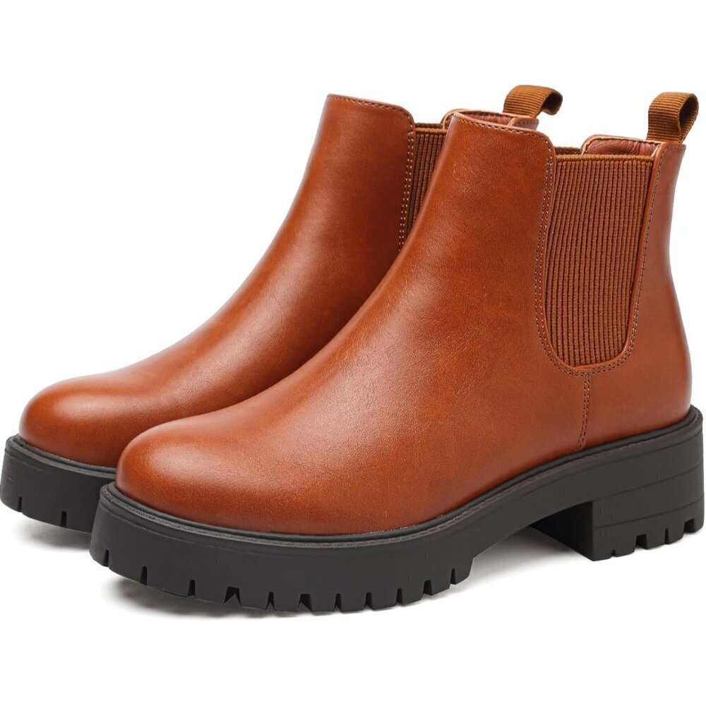 Girls Brown Pull-On Fall Chelsea Boots Water-Resistant PU Ankle Heel Boots - Picture 3 of 7